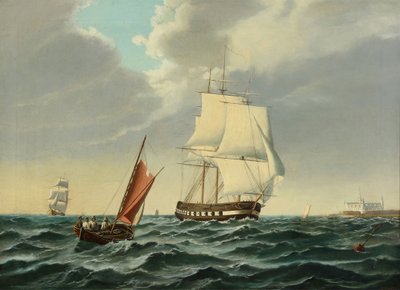 Oorlogsschip uitgaand met Kronborg aan bakboord door Siegfried Hass